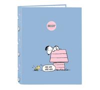 SAFTA | Carpeta Folio Snoopy 4 Anillas Mixtas 25 mm, Tapas Duras Forradas, Archivador Escolar Resistente para Vuelta al Cole, Diseño Azul con Snoopy y Corazones, Licencia Oficial