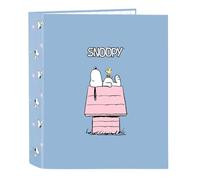 SAFTA | Carpeta Folio Snoopy 4 Anillas Redondas 40 mm, Lomo Ancho 60 mm, Tapas Duras Forradas, Archivador Escolar Resistente, Diseño Azul con Snoopy y Woodstock, Vuelta al Cole, Medidas 27x6x33 cm