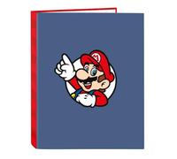 SAFTA | Carpeta Folio Super Mario 4 Anillas Mixtas 25 mm, Tapas Duras Forradas, Archivador Escolar Resistente para Vuelta al Cole, Diseño Azul y Rojo con Logo, Licencia Oficial, Medidas 26,5x4x33 cm