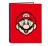 SAFTA | Carpeta Folio Super Mario Mamma Mia, 4 Anillas Mixtas Redondas 25 mm, Tapas Duras Forradas, Archivador Escolar Resistente para Vuelta al Cole, Color Rojo y Azul, Medidas 26,5x4x33 cm