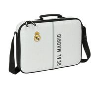 Safta - Cartera Escolar Extraescolares Real Madrid 1ª Equipación 24/25, Bandolera Ajustable y Asa Superior Forrada, Cremallera con Doble Tirador, Fondo Semirrígido Extraíble, Medidas 38x6x28 cm