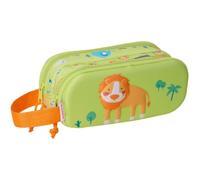 Safta | Estuche Escolar Doble 3D 3D León ECI, Portatodo Infantil con Dos Compartimentos Separados y Cremalleras, Asa Lateral de Mano, Diseño Verde con Animales, Vuelta al Cole, Medidas 21x6x8 cm