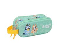 Safta | Estuche Escolar Doble 3D Bluey, Portatodo Infantil con Dos Compartimentos y Cremalleras, Asa Lateral de Mano, Diseño Verde Menta con Personajes, Vuelta al Cole, Organizador, Medidas 21x6x8 cm