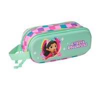 Safta | Estuche Escolar Doble 3D Gabby’s Dollhouse, Portatodo Infantil con Dos Compartimentos Separados y Cremalleras, Asa Lateral de Mano, Diseño Multicolor Verde Menta y Cuadros, Medidas 21x6x8 cm