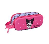 Safta | Estuche Escolar Doble 3D Kuromi, Organizador Escolar Infantil con Dos Compartimentos y Cremalleras, Asa Lateral, Diseño Rosa y Lila con Relieve, Medidas 21x6x8 cm, Portatodo 2 Compartimentos