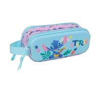 Safta | Estuche Escolar Doble 3D Stitch, Portatodo Escolar Infantil con Dos Compartimentos Separados y Cremalleras, Asa Lateral de Mano, Medidas 21x6x8 cm, Estuche Escolar 2 Compartimentos