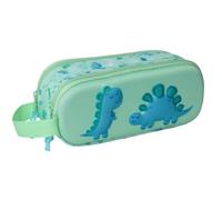Safta - Estuche Escolar Doble Dino 3D con Relieve, Portatodo Infantil con 2 Compartimentos Separados y Cremalleras, Asa Lateral, Color Verde Menta con Dinosaurios, Medidas 21x6x8 cm