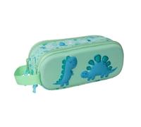 Safta | Estuche Escolar Doble Dino 3D con Relieve, Portatodo Infantil con 2 Compartimentos Separados y Cremalleras, Asa Lateral, Color Verde Menta con Dinosaurios, Medidas 21x6x8 cm