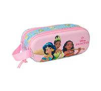 Safta - Estuche Escolar Doble Disney Princesas 3D, Organizador Escolar Infantil con Dos Compartimentos y Cremalleras, Asa Lateral de Mano, Medidas 21x6x8 cm