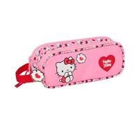 Safta | Estuche Escolar Doble Hello Kitty, Portatodo Infantil con Dos Compartimentos y Cremalleras, Asa Lateral de Mano, Diseño Rosa con Corazones y Tiradores Decorativos, Medidas 21x6x8 cm