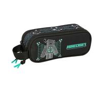 Safta | Estuche Escolar Doble Minecraft Screen, Portatodo Juvenil con 2 Compartimentos Separados y Cremalleras, Asa Lateral de Mano, Diseño Negro con Detalles Verde Agua, Medidas 21x6x8 cm
