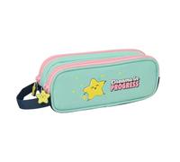 Safta | Estuche Escolar Doble Mr. Wonderful Estrella, Portatodo Organizador con 2 Compartimentos Separados y Cremalleras, Asa Lateral, Tiradores Estrella, Color Menta y Azul Marino, Medidas 21x6x8 cm