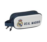 SAFTA | Estuche Escolar Doble Real Madrid 3D, Portatodo Juvenil con Dos Compartimentos Separados y Cremalleras, Asa de Mano Lateral, Diseño 3D Blanco y Azul Marino, Licencia Oficial, Medidas 21x6x8 cm