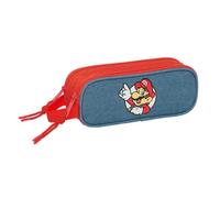 Safta | Estuche Escolar Doble Super Mario, Portatodo Infantil con Dos Compartimentos Separados y Cremalleras, Asa de Mano Lateral, Organizador para Vuelta al Cole, Azul y Rojo, Medidas 21x6x8 cm