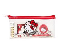 Safta | Estuche Escolar Rectangular Hello Kitty Actividades, Organizador Escolar Transparente de PVC con Cremallera Zip, 22,5x10,5 cm, Incluye Regla 15 cm, 2 Lápices, Sacapuntas, Portatodo