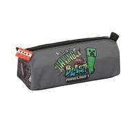 Safta | Estuche Escolar Rectangular Minecraft Graffiti, Portatodo Juvenil con 1 Compartimento y Cremallera, Organizador para Lápices y Rotuladores, Gris con Creeper y Tirador TNT, Medidas 21x7x8 cm