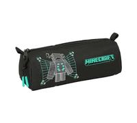 Safta | Estuche Escolar Rectangular Minecraft Screen, Portatodo Juvenil con 1 Compartimento y Cremallera, Tirador Fácil Apertura, Diseño Negro con Detalles Turquesa, Vuelta al Cole, Medidas 21x7x8 cm