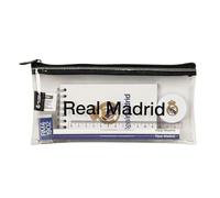 Safta | Estuche Escolar Rectangular Real Madrid Equipación 26/27 Transparente, PVC con Cremallera Zip, Kit Actividades con Regla 15 cm, 2 Lápices, Sacapuntas, Medidas 22,5x10,5 cm, Portatodo