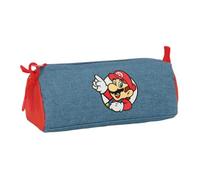 Safta | Estuche Escolar Rectangular Super Mario, Portatodo Infantil con 1 Compartimento y Cremallera, Organizador para Lápices y Rotuladores, Azul Vaquero y Rojo, Vuelta al Cole, Medidas 21x7x8 cm