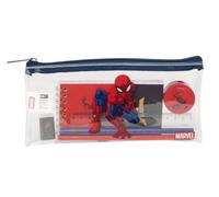 Safta - Estuche Escolar Transparente Spider-Man Marvel con Kit de Actividades, PVC con Cremallera Zip, Regla 15 cm, 2 Lápices, Sacapuntas, Goma y Bloc 70 Hojas, Medidas 22,5x10,5 cm, Portatodo