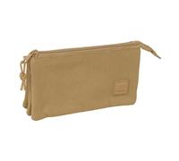 Safta | Estuche Escolar Triple Basic Marrón, Organizador Escolar con 3 Compartimentos Separados y Cremallera, Medidas 22x3x12 cm, Portatodo 3 Compartimentos
