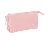 Safta | Estuche Escolar Triple Basic Rosa, Portatodo Escolar Juvenil con 3 Compartimentos Separados con Cremallera y Bolsillo Interior Central, Medidas 22x3x12 cm