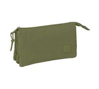 Safta | Estuche Escolar Triple Basic Verde, Portatodo Juvenil con 3 Compartimentos Separados y Cremallera, Bolsillo Interior Central con Cremallera, Medidas 22x3x12 cm