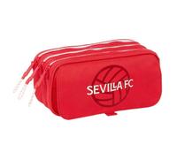 Safta | Estuche Escolar Triple Big Sevilla FC, Portatodo Juvenil con 3 Compartimentos y Cremalleras, Bolsillo Frontal, Cinta Trasera Adaptable a Carro Portamochilas, Color Rojo, Medidas 21,5x8x10 cm
