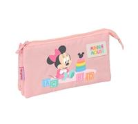 Safta | Estuche Escolar Triple Disney Minnie Mouse Baby, Portatodo Escolar Infantil con 3 Compartimentos Separados y Cremallera, Medidas 22x3x12 cm, Estuche Escolar 3 Compartimentos