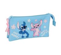 Safta | Estuche Escolar Triple Disney Stitch Happy, Portatodo Escolar Infantil con 3 Compartimentos Separados con Cremallera y Bolsillo Interior Central, Medidas 22x3x12 cm