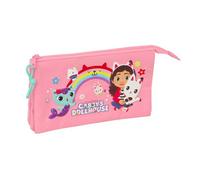 Safta | Estuche Escolar Triple Gabby’s Dollhouse, Portatodo Infantil con 3 Compartimentos con Cremallera y Bolsillo Interior Central, Organizador para Lápices y Rotuladores, Rosa, Medidas 22x3x12 cm