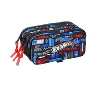 Safta | Estuche Escolar Triple Grande Hot Wheels, Portatodo Escolar Infantil con 3 Compartimentos y Cremalleras, Bolsillo Frontal, Medidas 21,5x8x10 cm, Estuche Escolar 3 Compartimentos