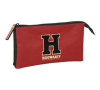SAFTA | Estuche Escolar Triple Harry Potter Hogwarts, Portatodo Juvenil con 3 Compartimentos Separados con Cremallera y Bolsillo Interior Central, Diseño Negro y Granate con Logo H, Medidas 22x3x12 cm