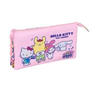 Safta | Estuche Escolar Triple Hello Kitty & Friends, Portatodo Escolar Infantil con 3 Compartimentos Separados con Cremallera y Bolsillo Interior Central, Medidas 22x3x12