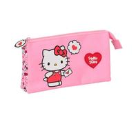 Safta | Estuche Escolar Triple Hello Kitty, Portatodo Escolar Infantil con 3 Compartimentos Separados y Cremallera, Medidas 22x3x12 cm, Estuche Escolar 3 Compartimentos