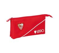 SAFTA | Estuche Escolar Triple Sevilla FC, Portatodo Escolar con 3 Compartimentos Separados y Cremallera, Bolsillo Interior Central con Cremallera, Medidas 22x3x12 cm, Estuche Escolar 3 Compartimentos