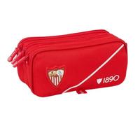 Safta | Estuche Escolar Triple Sevilla FC, Portatodo Juvenil con 3 Compartimentos y Cremalleras, Bolsillo Frontal, Cinta Trasera Adaptable a Carro Portamochilas, Color Rojo, Medidas 21,5x8x10 cm