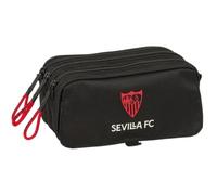 Safta | Estuche Escolar Triple Sevilla FC, Portatodo Juvenil con 3 Compartimentos y Cremalleras, Bolsillo Frontal, Cinta Trasera Adaptable a Carro Portamochilas, Negro y Rojo, Medidas 21,5x8x10 cm