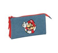 Safta | Estuche Escolar Triple Super Mario, Portatodo Infantil con 3 Compartimentos Separados y Cremallera, Bolsillo Interior Central con Cremallera, Rojo y Azul, Medidas 22x3x12 cm