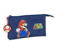Safta | Estuche Escolar Triple Super Mario Trick, Portatodo Infantil con 3 Compartimentos con Cremallera y Bolsillo Interior Central, Organizador Vuelta al Cole, Tirador Seta, Medidas 22x3x12 cm