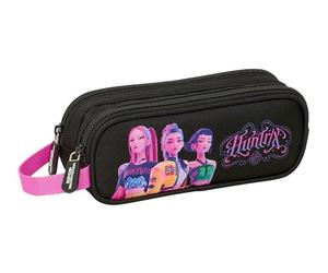 Safta K-POP Demon Hunters - NEGRA - Portatodo Doble Niño, Estuche Infantil, Estuche Niño, Ideal para Niños en Edad Escolar, Cómodo y Versátil, Calidad y Resistencia, 21x6x8 cm