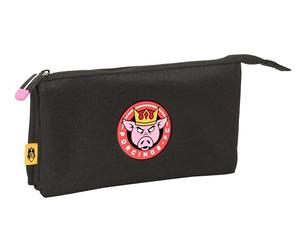 Safta KINGS LEAGUE PORCINOS - Portatodo Triple, Estuche Infantil, Estuche Niño, Ideal para Niños en Edad Escolar, Cómodo y Versátil, Calidad y Resistencia, 22x3x12 cm, Color Negro