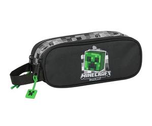 Safta Minecraft - Portatodo Doble Niño, Estuche Infantil, Estuche Niño, Ideal para Niños en Edad Escolar, Cómodo y Versátil, Calidad y Resistencia, 21x6x8 cm, Color Negro/Gris/Verde