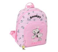 Safta - Mini Mochila Escolar Snoopy Sweet But Salty, Infantil y Juvenil, Rosa a Rayas, Doble Cremallera con Tirador, Bolsillo Frontal y Trasero, Bolsillo Interior, Mochila Niña, Medidas 25x13x30 cm