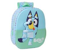 Safta | Mochila Escolar Bluey 3D, Frontal Termoconformado en Relieve, Hombreras Acolchadas Ergonómicas, Bolsillo Lateral Portabotellas, Tarjeta Identificación y Asa Superior, Medidas 27x10x33 cm