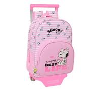 Safta | Mochila Escolar con Carro Snoopy Extraíble, 26x11x67 cm, Sistema de Sujeción, Hombreras Ergonómicas y Acolchadas, Bolsillo Frontal y Portabotellas, Rosa a Rayas, Medidas 26x11x34 cm