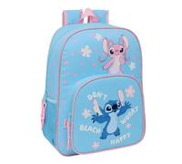 Safta | Mochila Escolar Disney Stitch Happy Adaptable a Carro (Sin Carro), Ergonómica y Acolchada, Doble Tirador, Bolsillo Frontal y Portabotellas, Azul y Rosa Vuelta al Cole, Medidas 33x14x42 cm