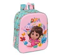 Safta | Mochila Escolar Guardería Dora 3D, Compartimento Principal con Cremallera, Asa de Mano Superior, Infantil Vuelta al Cole, Estampado Turquesa y Rosa con Tiradores, Medidas 22x10x27 cm
