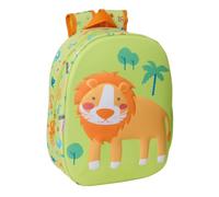 Safta | Mochila Escolar Infantil 3D León ECI, Frontal 3D Termoconformado, Hombreras Acolchadas Ergonómicas, Bolsillo Lateral Portabotellas, Asa Superior, Verde y Naranja, Medidas 27x10x33 cm