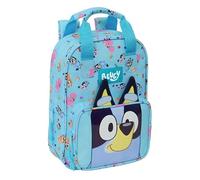 Safta | Mochila Escolar Infantil Bluey Adaptable a Carro (Sin Carro), Hombreras Acolchadas y Asas Forradas, Bolsillo Frontal Grande con Cremallera, Diseño Azul con Personajes, Medidas 20x8x28 cm